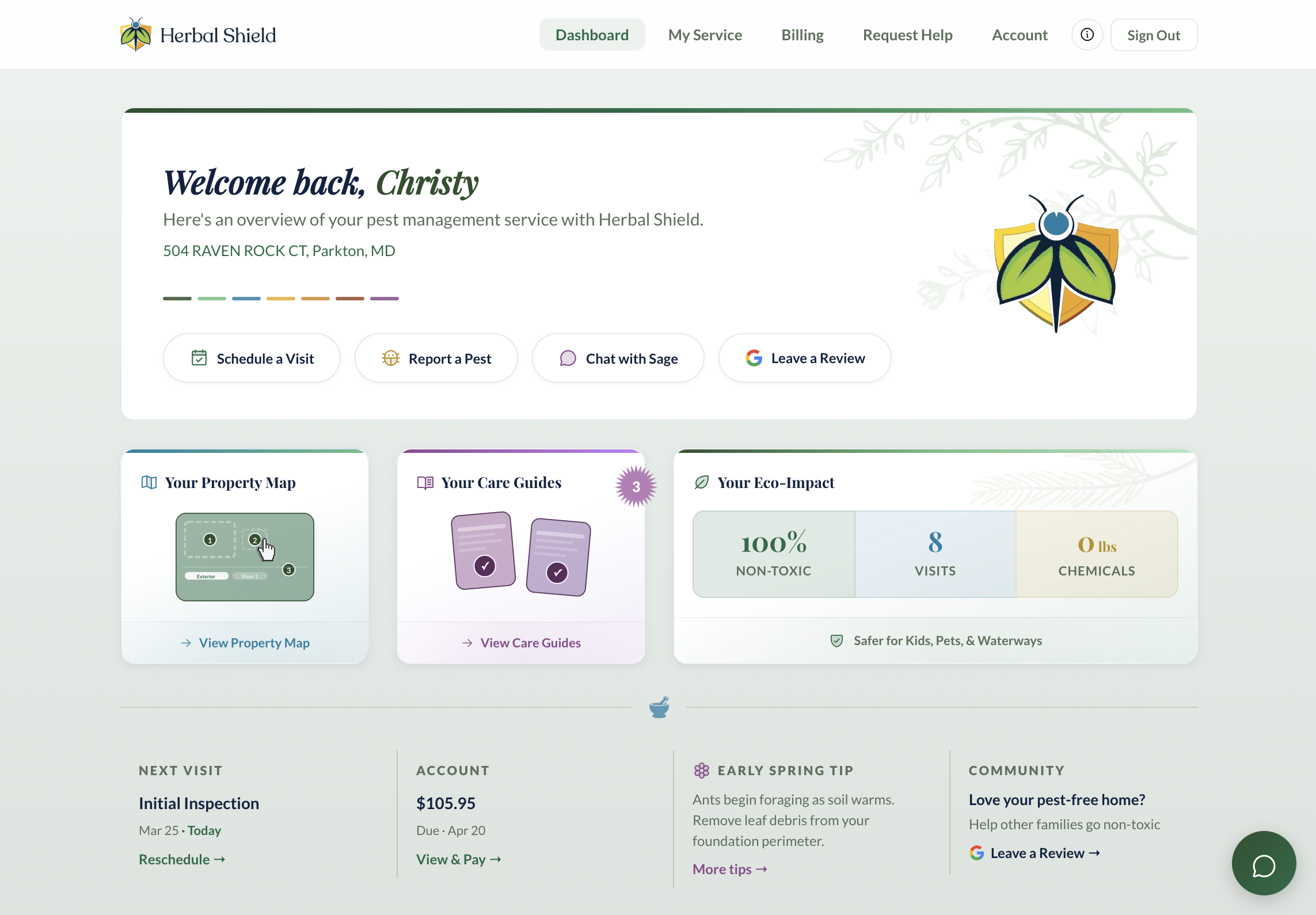 Herbal Shield customer portal dashboard showing property map, care guides, and eco-impact