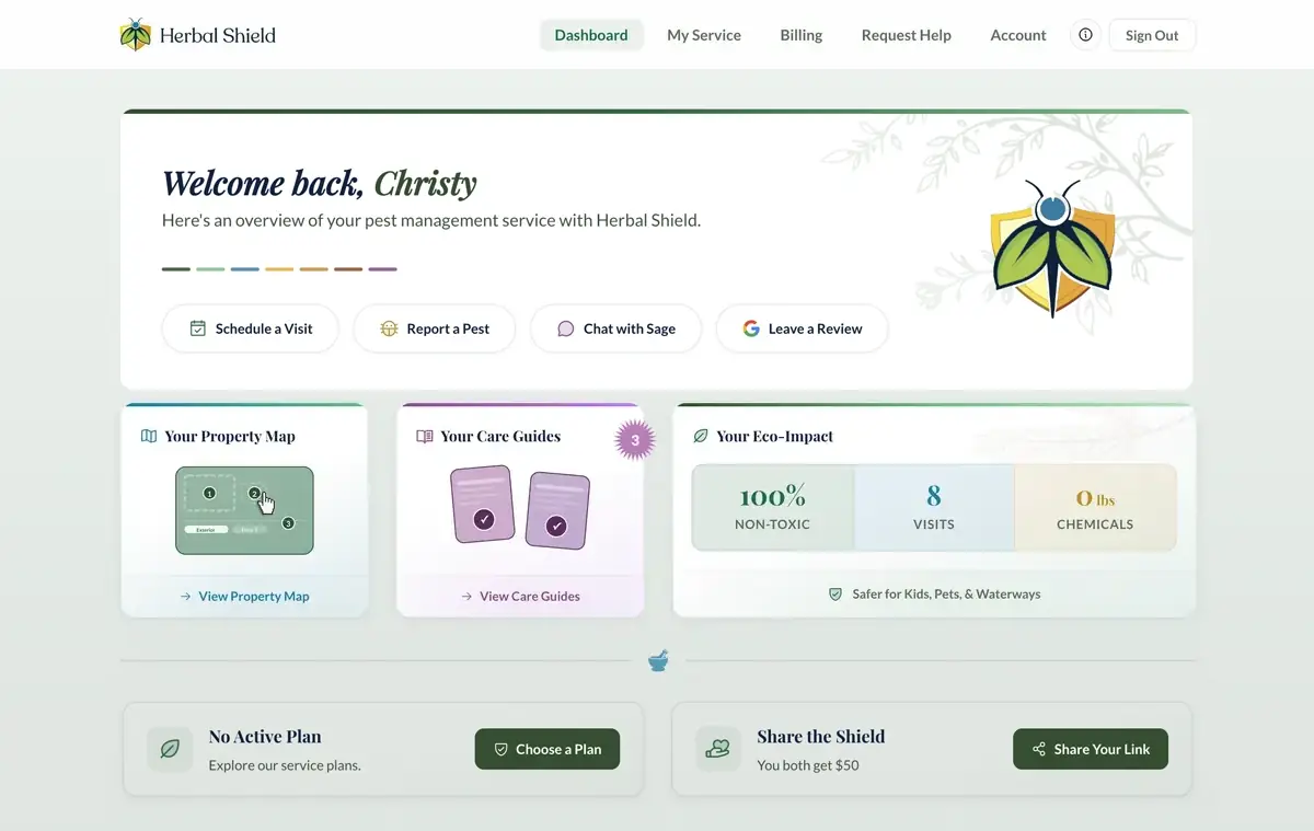 Herbal Shield customer portal dashboard showing property map, care guides, and eco-impact